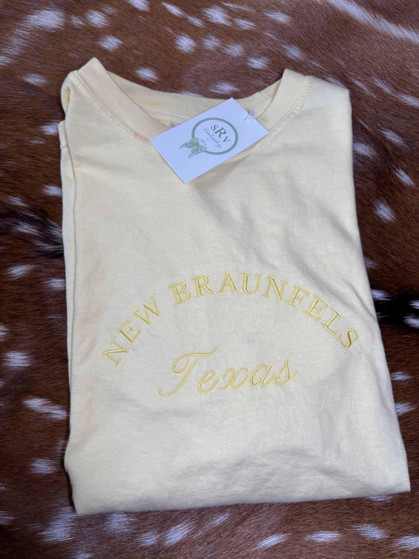 Comfort colors yellow tshirt with “New Braunfels Texas” in yellow thread (unisex)