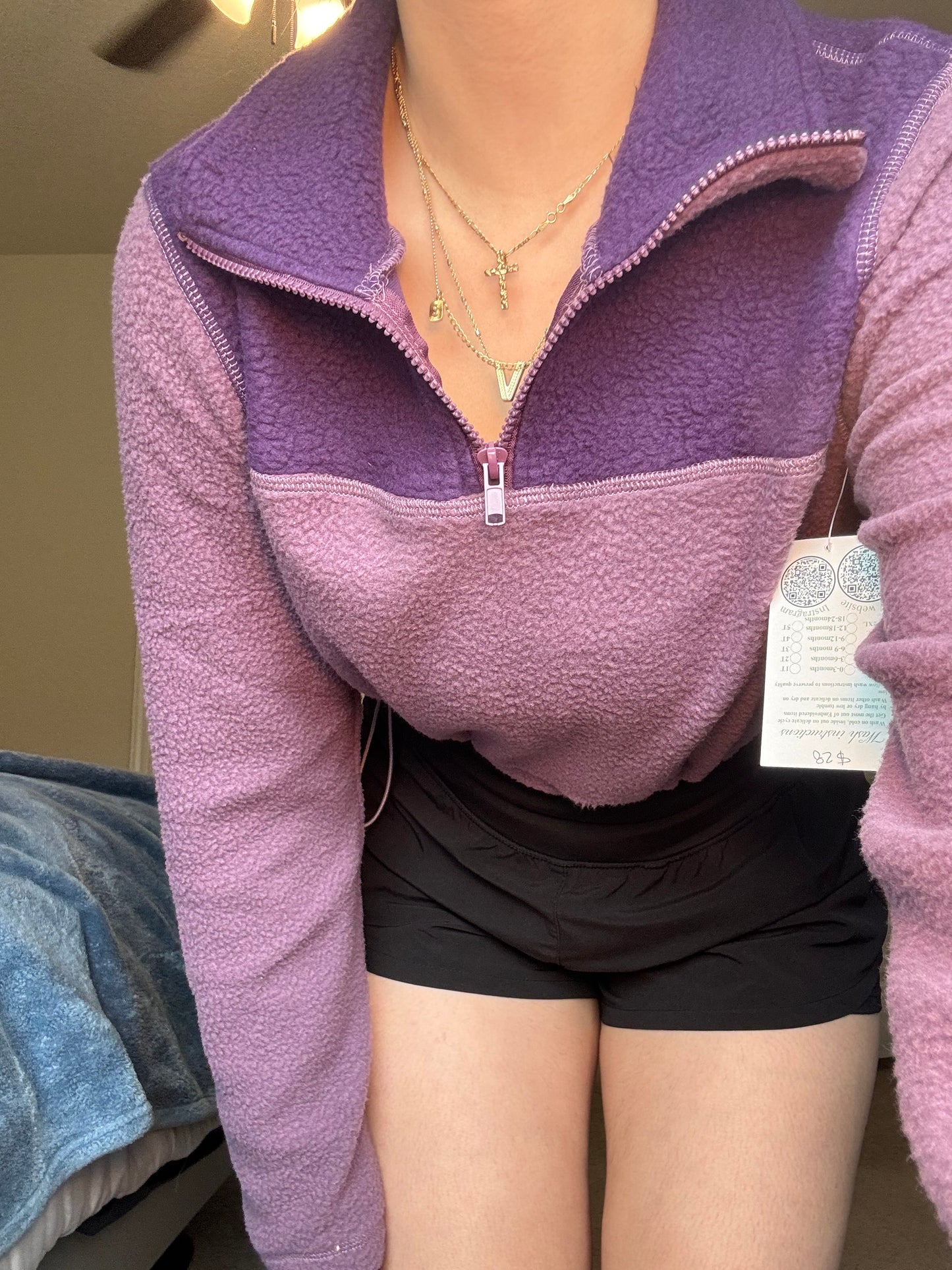 Half zip purple fleece crop top