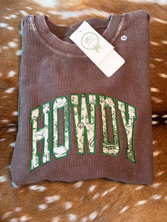Brown corduroy crewneck with “Howdy”  GREEN